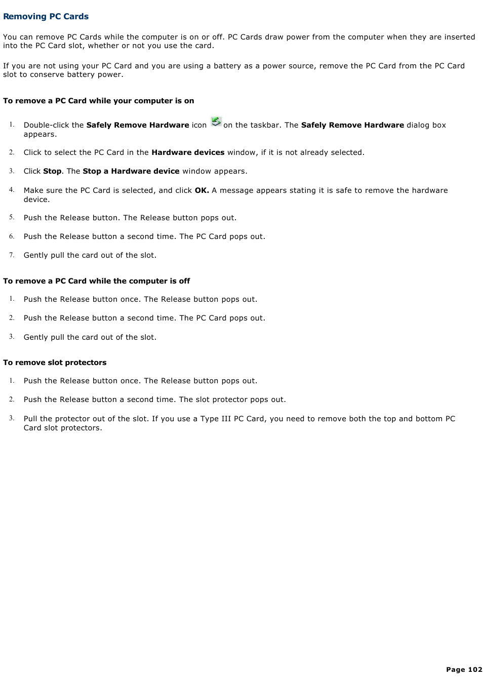 Removing pc cards | Sony PCG-GRX770 User Manual | Page 102 / 170