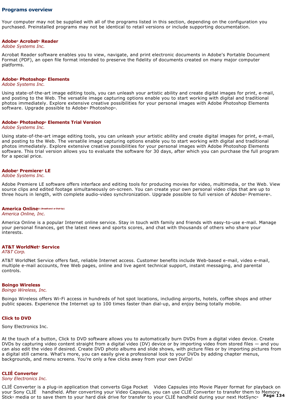 Programs overview, Section, depending on the | Sony PCG-GRX770 User Manual | Page 134 / 170