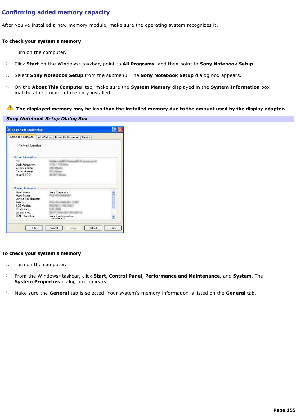 Confirming added memory capacity | Sony PCG-GRX770 User Manual | Page 155 / 170