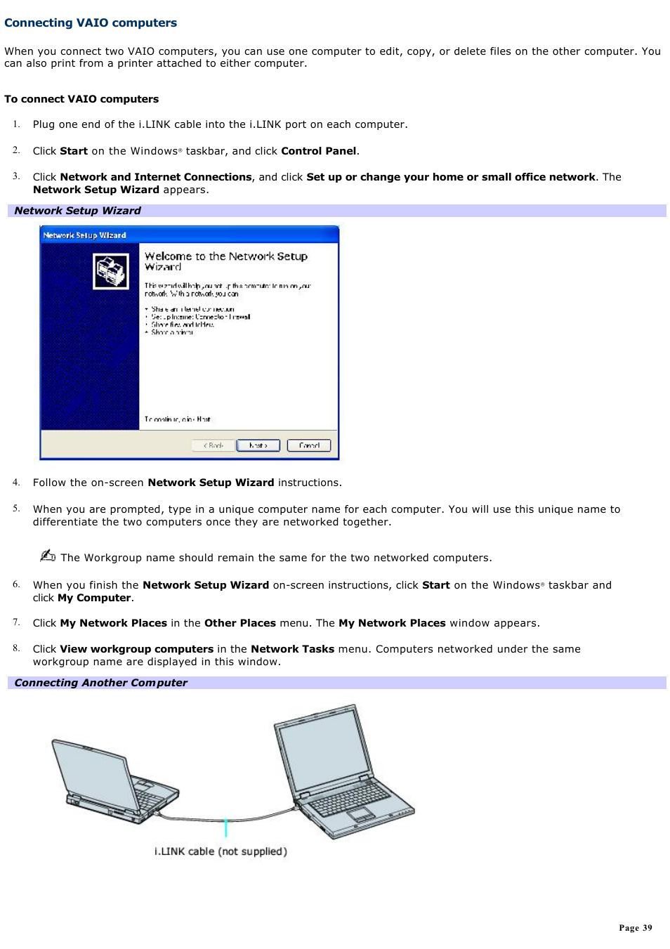 Connecting vaio computers | Sony PCG-GRX770 User Manual | Page 39 / 170