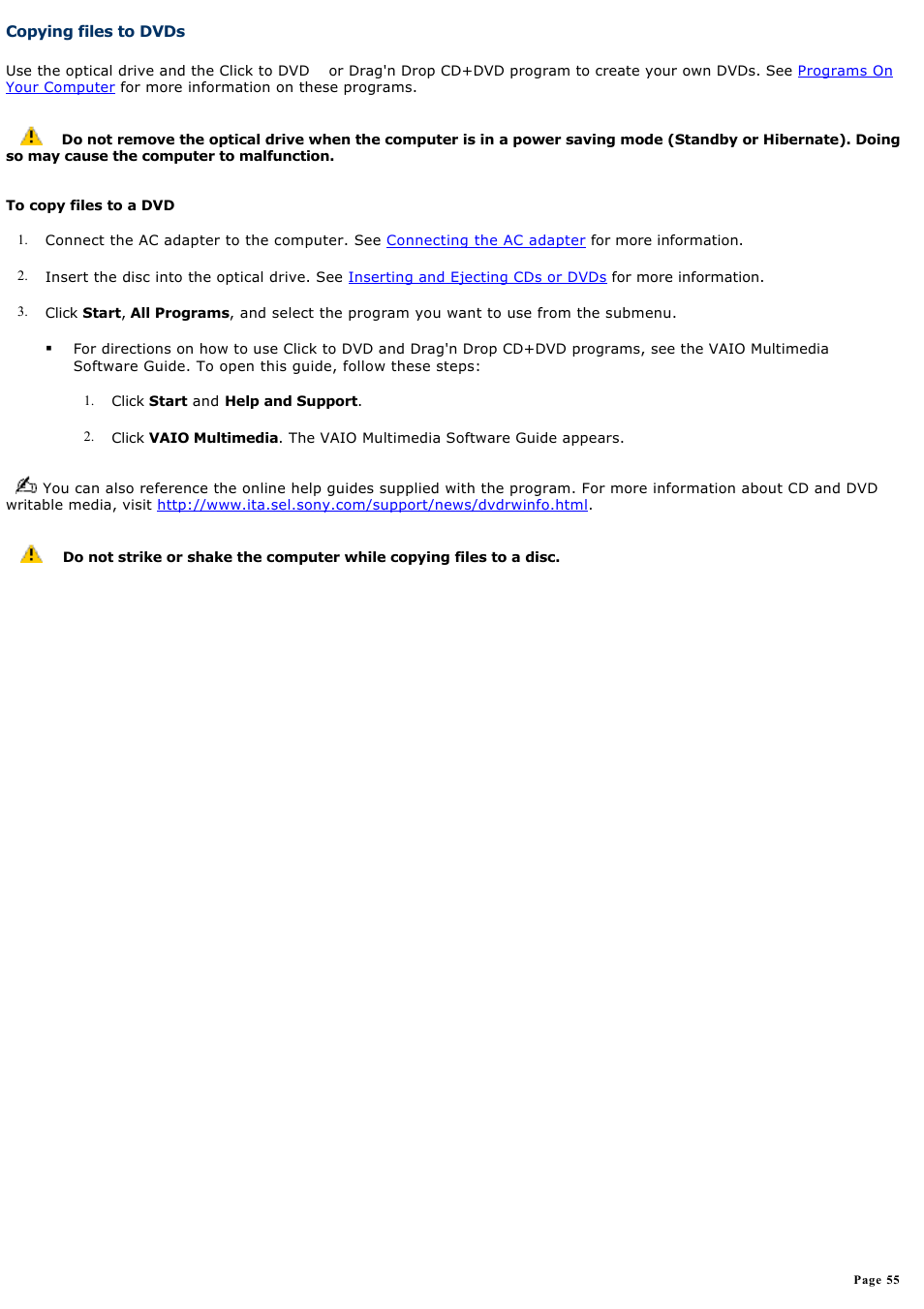 Copying files to dvds | Sony PCG-GRX770 User Manual | Page 55 / 170