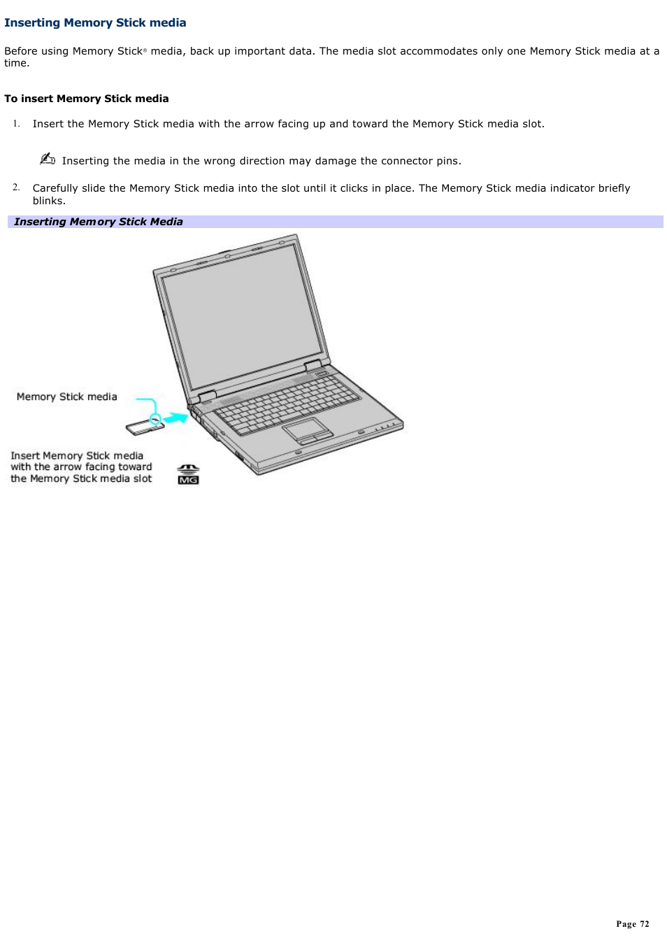 Inserting memory stick media | Sony PCG-GRX770 User Manual | Page 72 / 170