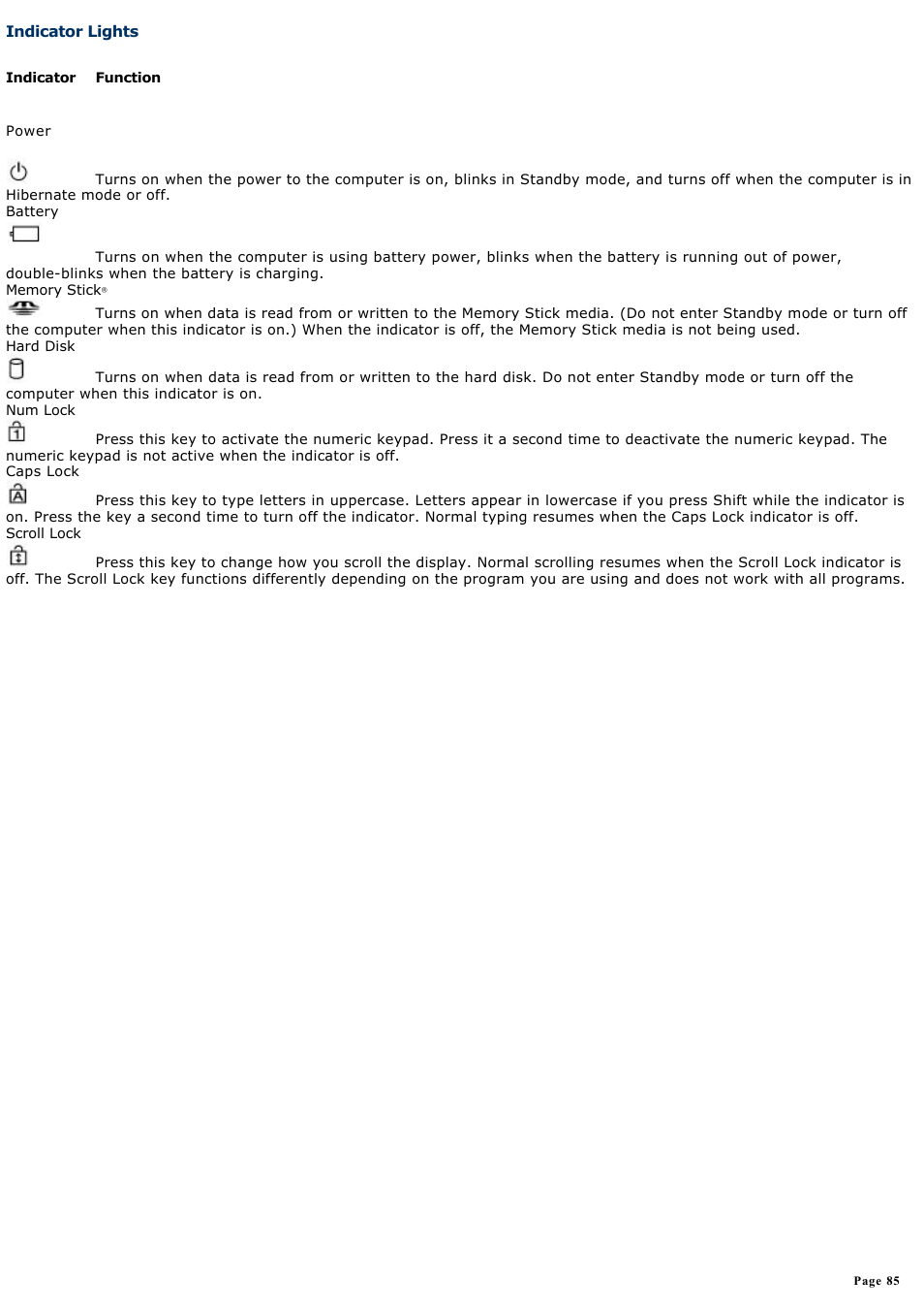 Indicator lights | Sony PCG-GRX770 User Manual | Page 85 / 170