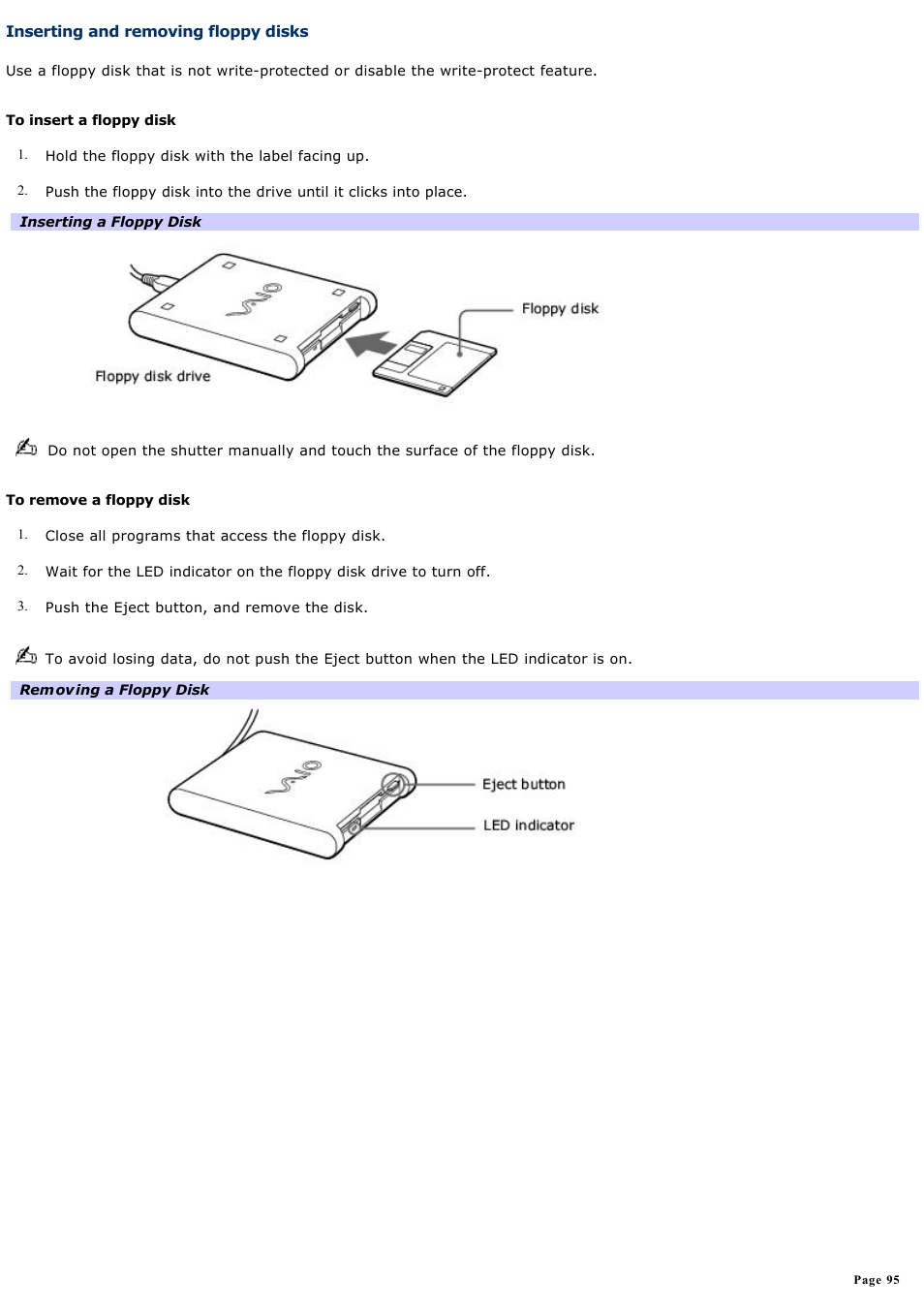 Inserting and removing floppy disks | Sony PCG-GRX770 User Manual | Page 95 / 170