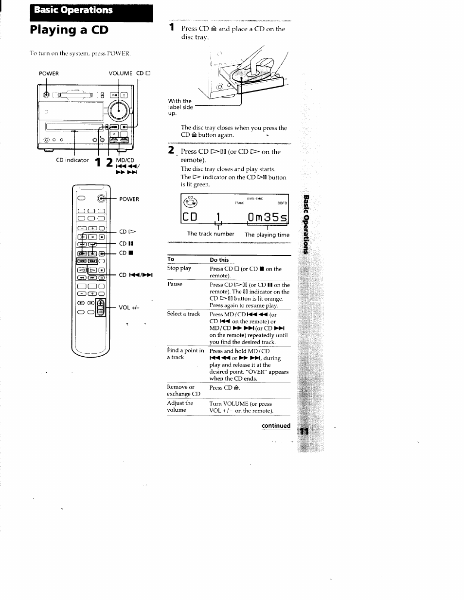 Playing a cd, Continued, Basic operations | Sony DHC-MD313 User Manual | Page 11 / 58