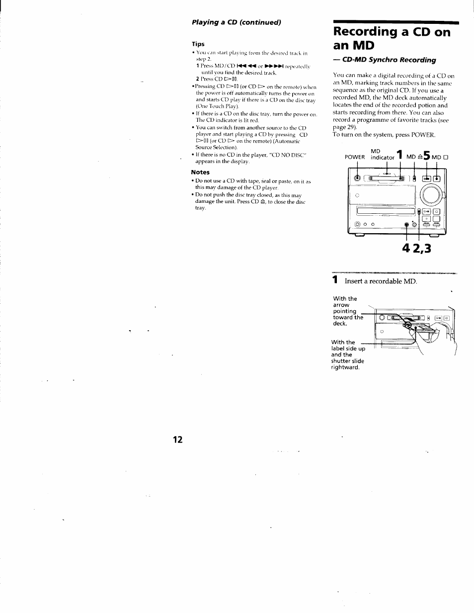 Tips, Notes, Recording a cd on an md | Sony DHC-MD313 User Manual | Page 12 / 58