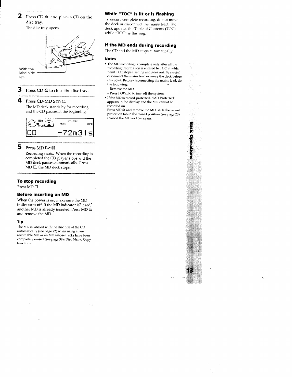 While "toc" is lit or is flashing, If the md ends during recording, Notes | To stop recording, Before inserting an md, C d - 7 2 m 3 1 s | Sony DHC-MD313 User Manual | Page 13 / 58