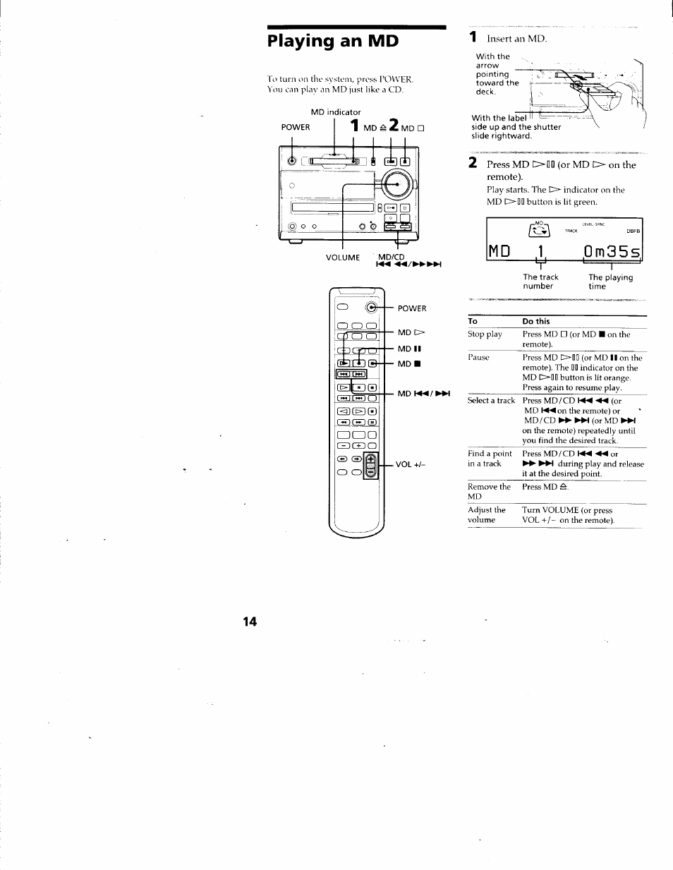 Playing an md, M d , 1 , , 0 m 3 5 s | Sony DHC-MD313 User Manual | Page 14 / 58