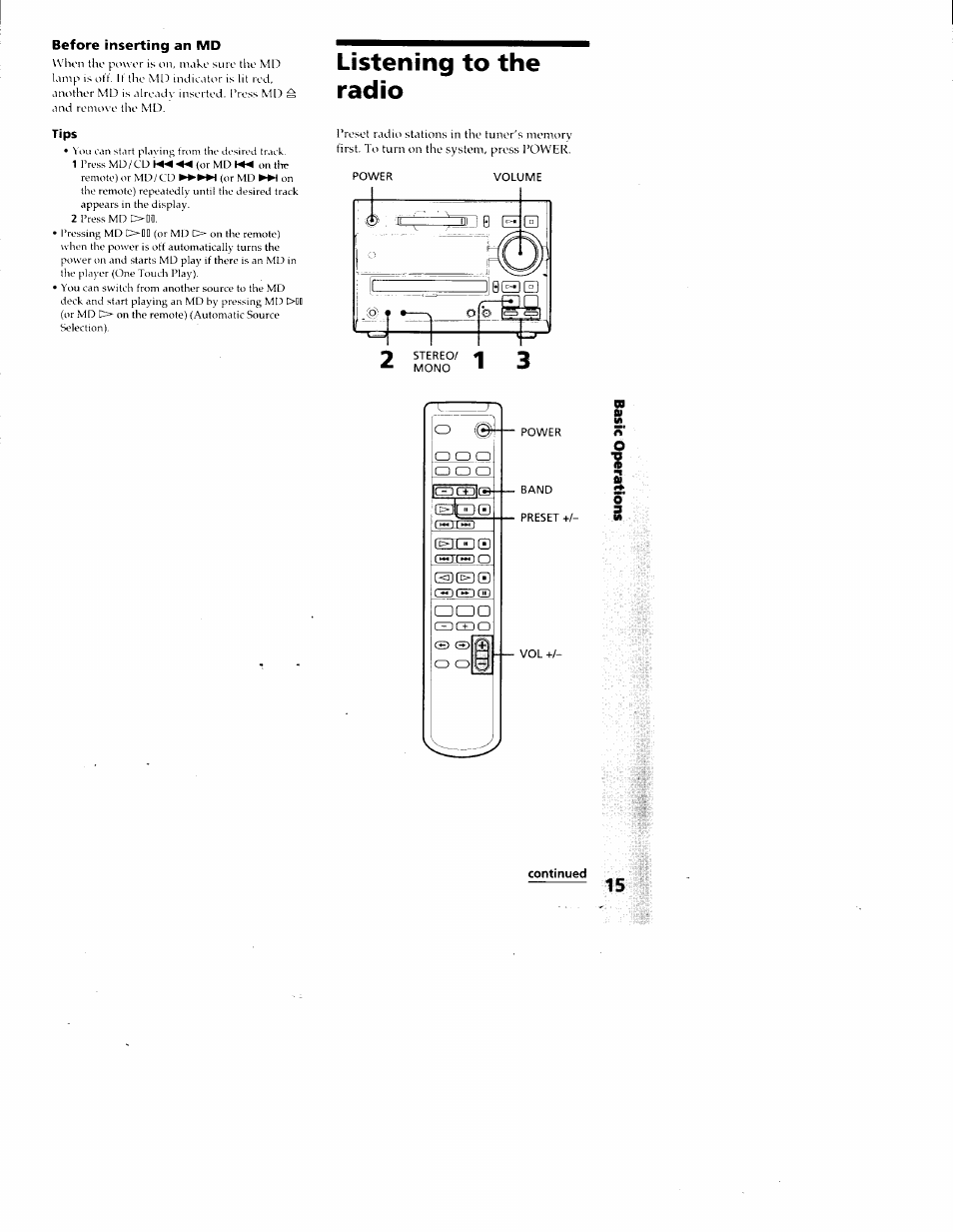 Tips, Listening to the radio, Continued | Nfil ¡a k o | Sony DHC-MD313 User Manual | Page 15 / 58