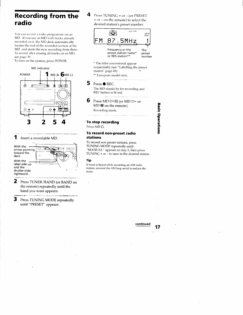 Recording from the radio, To stop recording, To record non-preset radio stations | Continued | Sony DHC-MD313 User Manual | Page 17 / 58