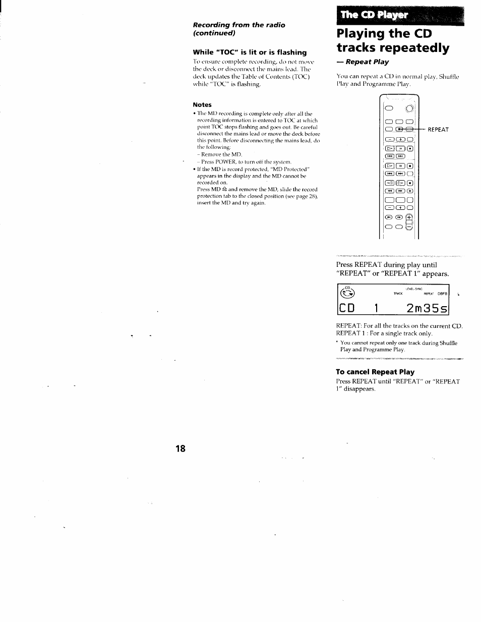 While "toc" is lit or is flashing, Playing the cd tracks repeatedly, To cancel repeat play | C d 1, 2 m 3 5 s, Cd ceo | Sony DHC-MD313 User Manual | Page 18 / 58