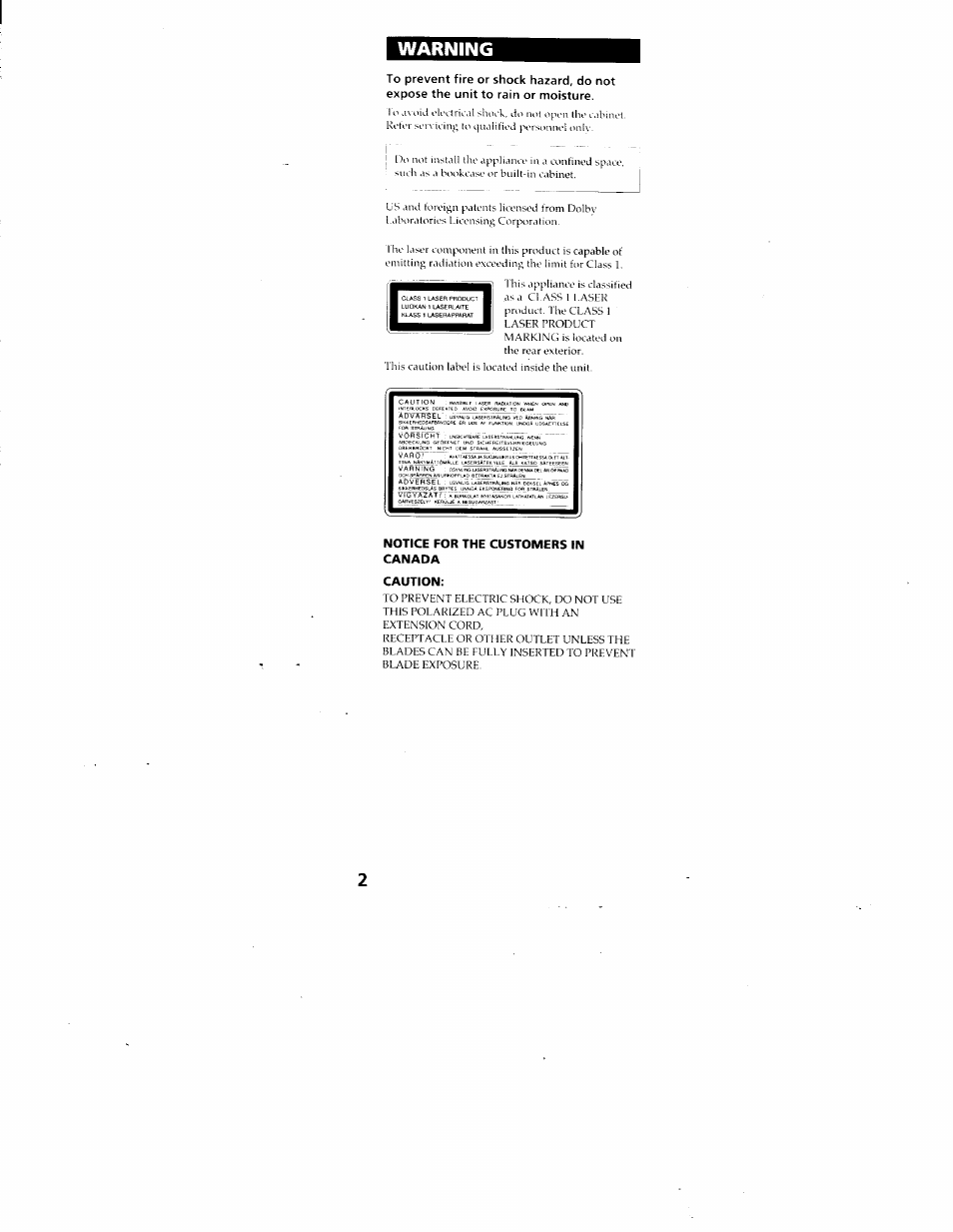 Warning, Ädvä^el' us-^n, Notice for the customers in canada caution | Sony DHC-MD313 User Manual | Page 2 / 58