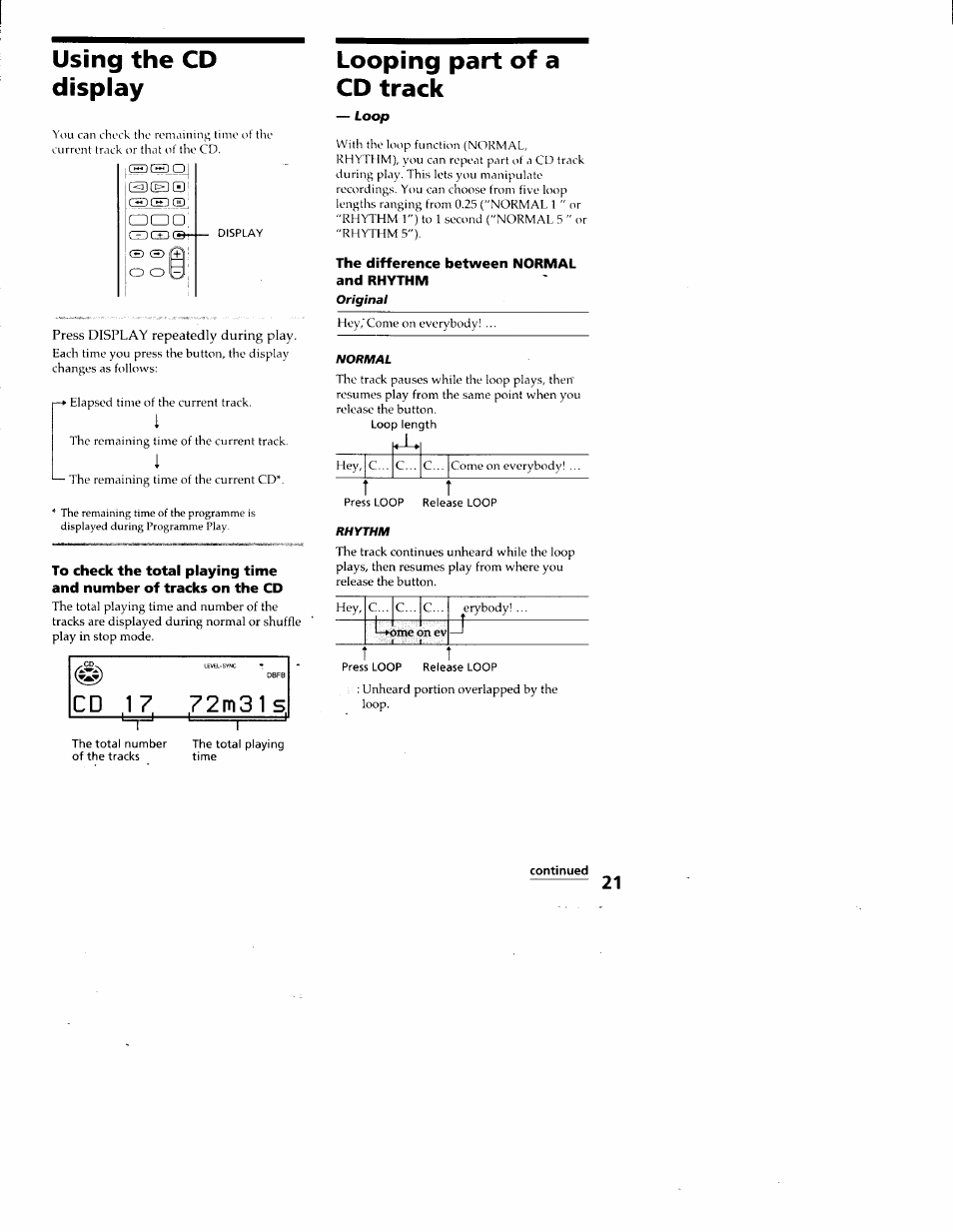 Using the cd display, Looping part of a cd track, The difference between normal and rhythm | Continued, 7 2 m 3 l 5 | Sony DHC-MD313 User Manual | Page 21 / 58