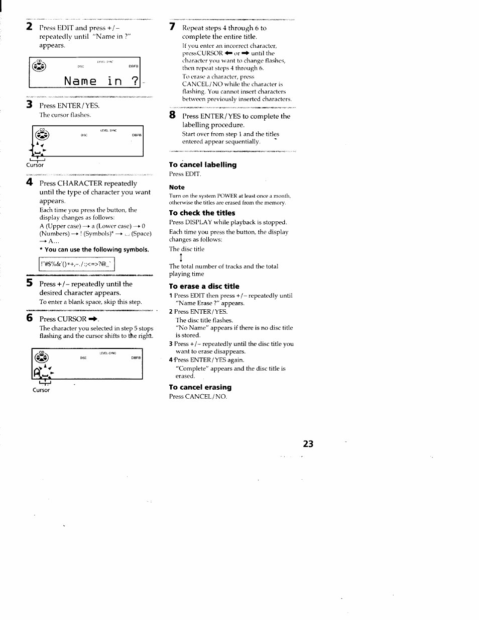 To cancel labelling, To check the titles, To erase a disc title | To cancel erasing | Sony DHC-MD313 User Manual | Page 23 / 58