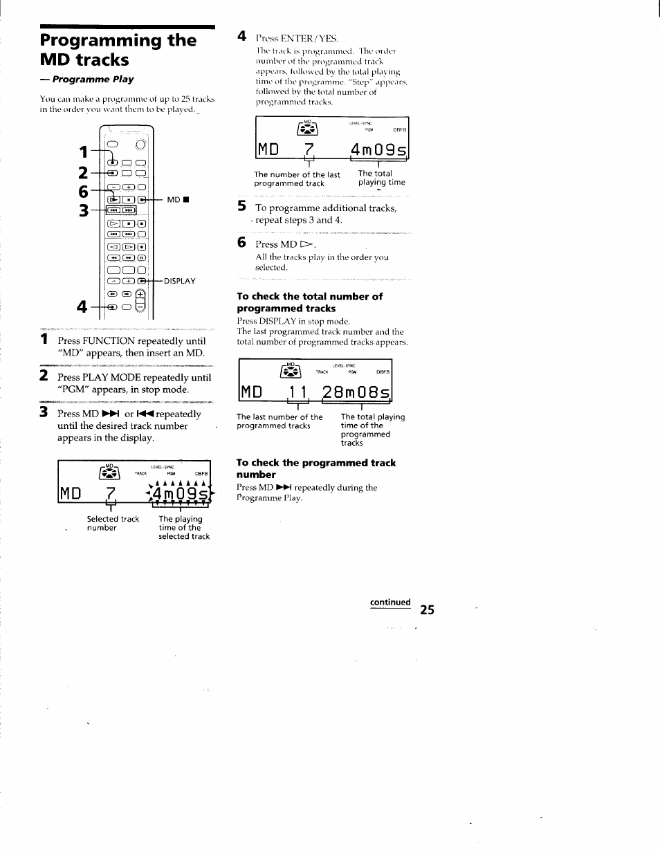 Programming the md tracks, To check the total number of programmed tracks, To check the programmed track number | M d 7, 4 m 0 9 s, 4_mq9s> i | Sony DHC-MD313 User Manual | Page 25 / 58