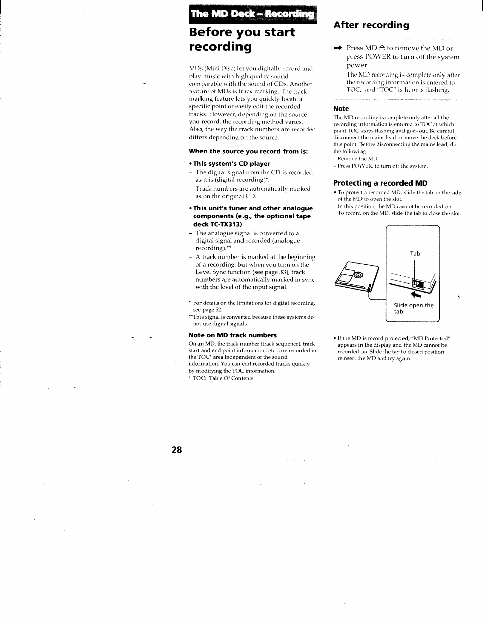Before you start recording, When the source you record from is, This system's cd player | After recording, Note, The md deck - recording | Sony DHC-MD313 User Manual | Page 28 / 58