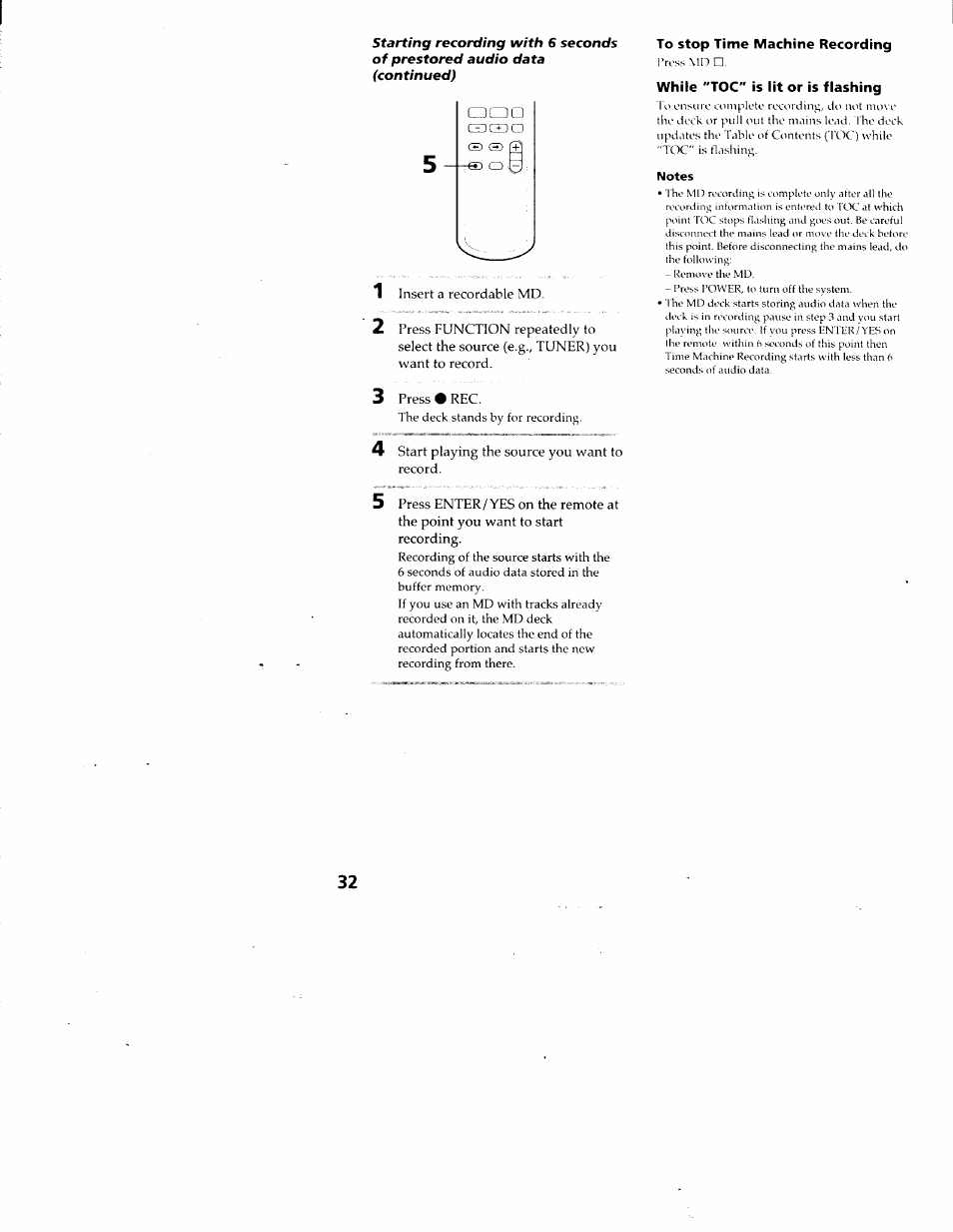 While "toc" is lit or is flashing, Notes | Sony DHC-MD313 User Manual | Page 32 / 58