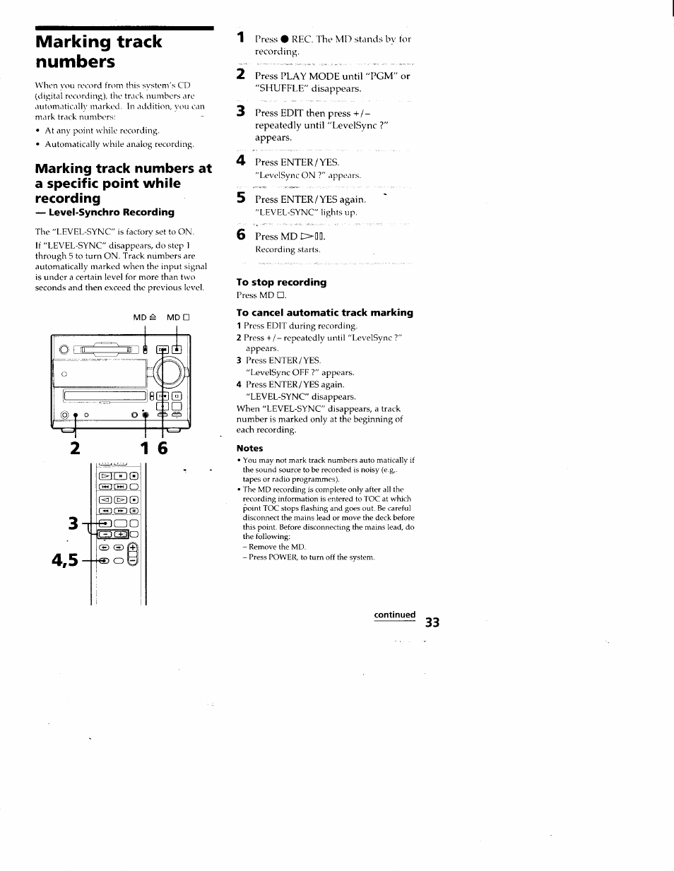 Marking track numbers, Level-synchro recording, To stop recording | To cancel automatic track marking, Notes, Continued | Sony DHC-MD313 User Manual | Page 33 / 58