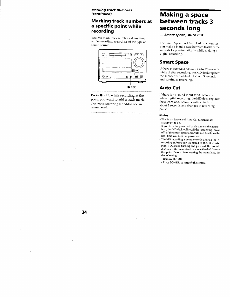 Making a space between tracks 3 seconds long, Smart space, Auto cut | Notes | Sony DHC-MD313 User Manual | Page 34 / 58