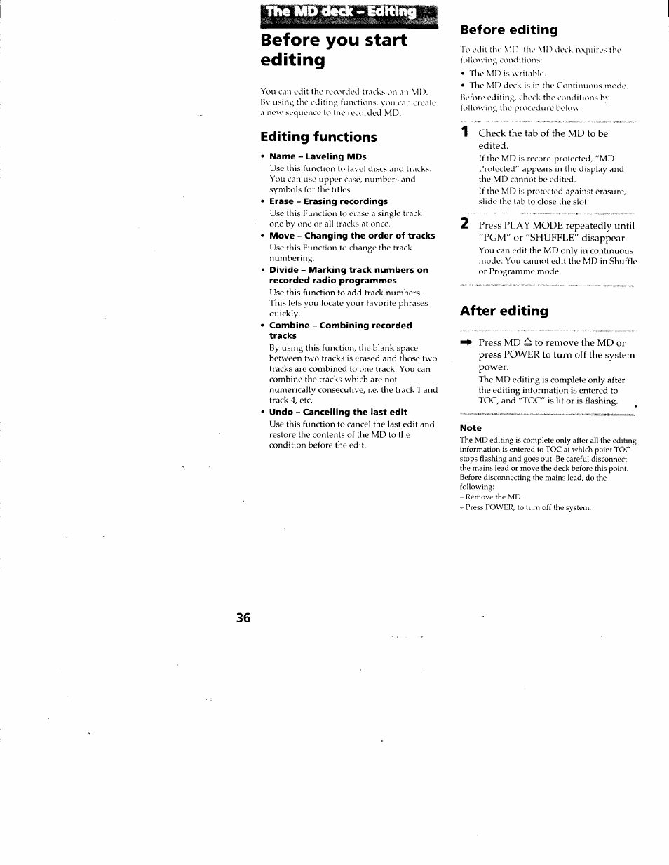 Before you start editing, Editing functions, Name - leveling mds | Before editing, After editing, Note | Sony DHC-MD313 User Manual | Page 36 / 58