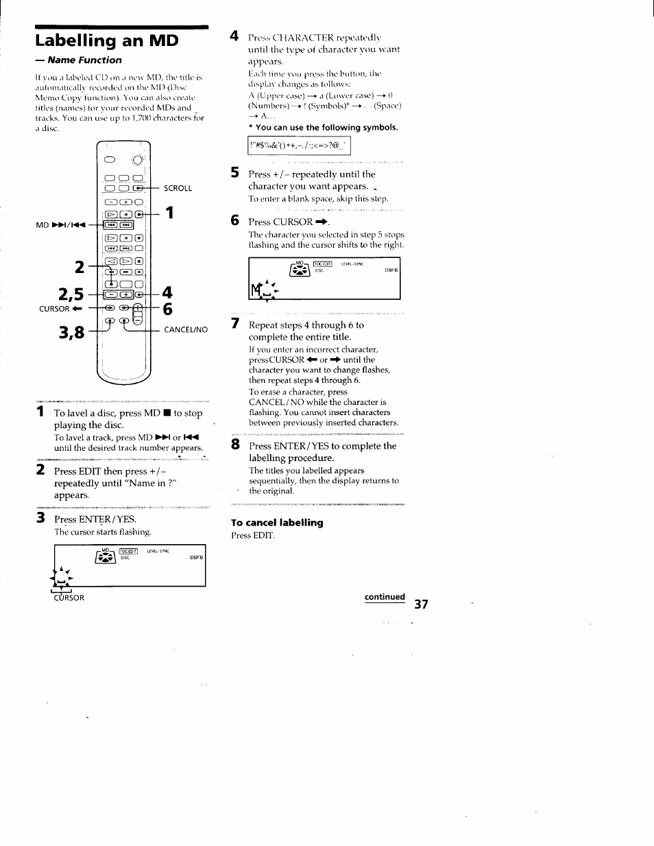 Labelling an md, To cancel labelling, Continued | Sony DHC-MD313 User Manual | Page 37 / 58