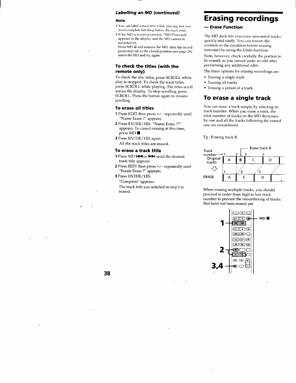 To check the titles (with the remote only), To erase all titles, To erase a track title | Erasing recordings, To erase a single track, Fottiilr (hicois eiegd 38 | Sony DHC-MD313 User Manual | Page 38 / 58