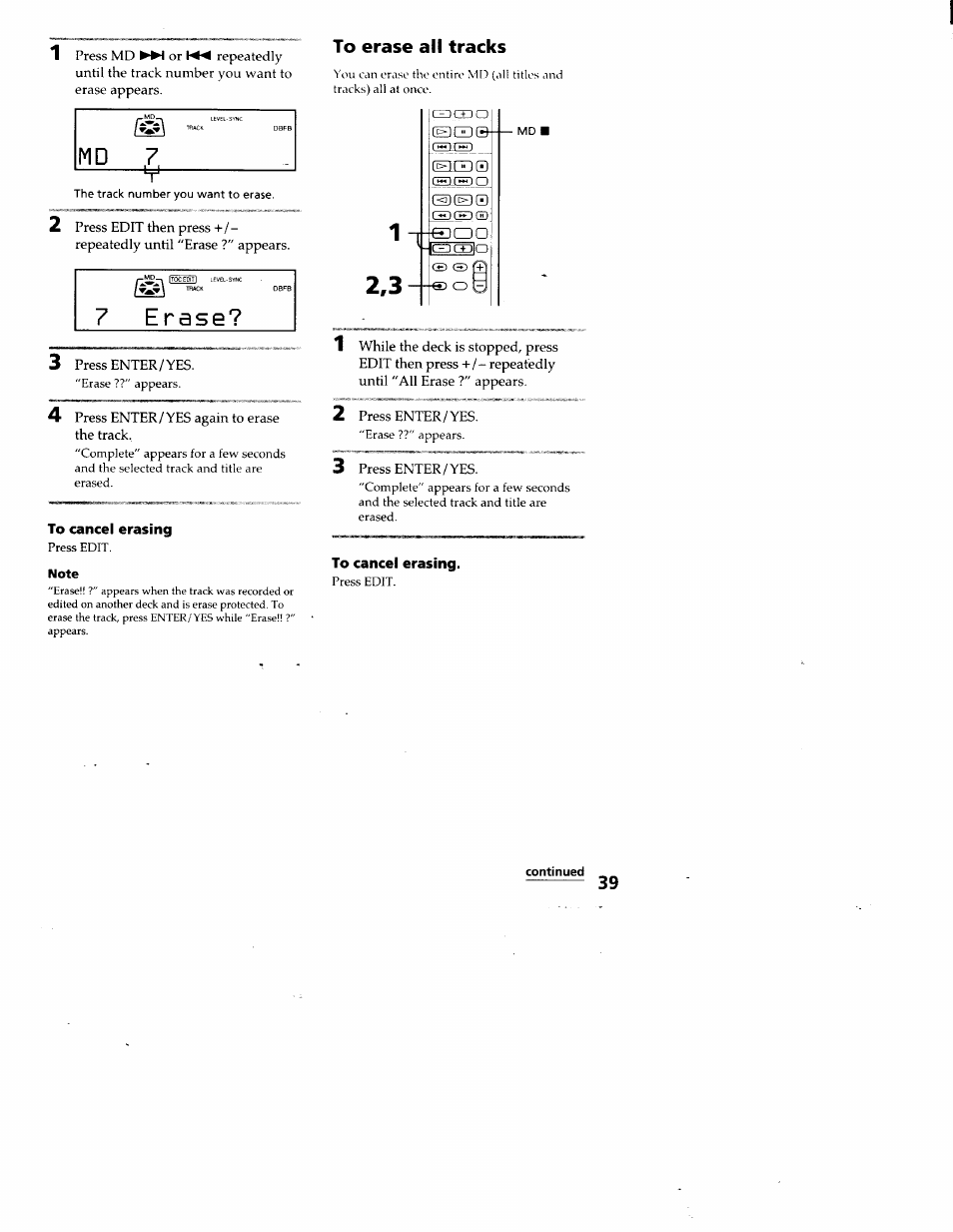 To cancel erasing, To erase all tracks, Continued | Sony DHC-MD313 User Manual | Page 39 / 58