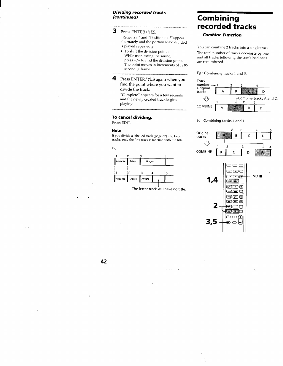 To cancel dividing, Combining recorded tracks, 1 1 c 1 1 | Sony DHC-MD313 User Manual | Page 42 / 58