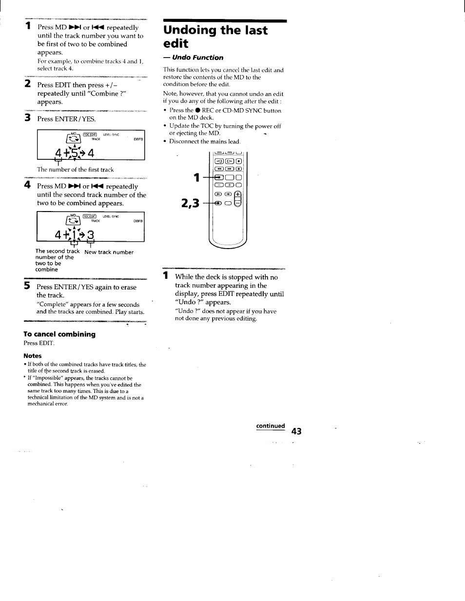 Undoing the last edit, To cancel combining, Notes | Continued | Sony DHC-MD313 User Manual | Page 43 / 58