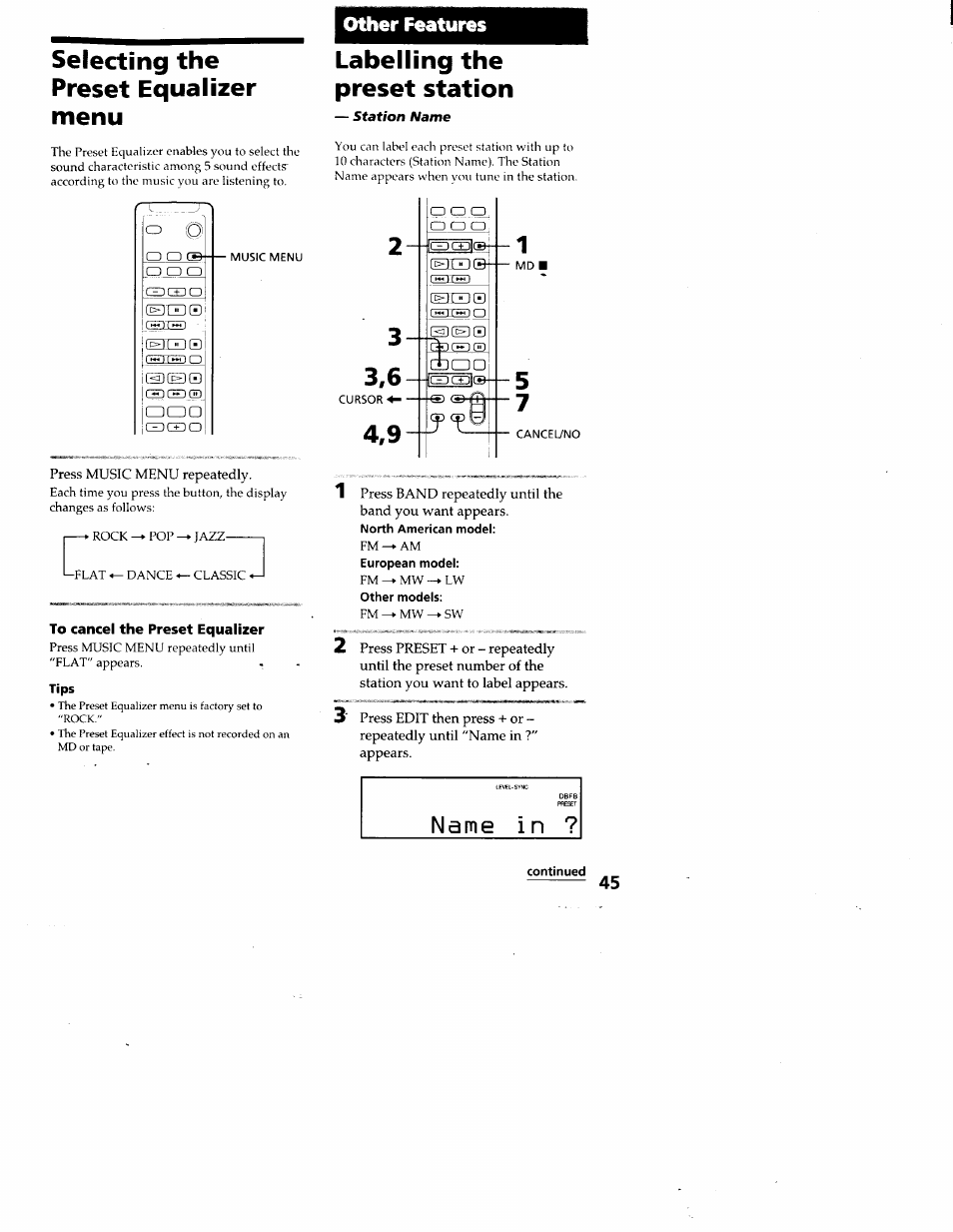 Selecting the preset equalizer menu, To cancel the preset equalizer, Tips | Labelling the preset station, Continued, Labelling the preset stations, Otiier features | Sony DHC-MD313 User Manual | Page 45 / 58