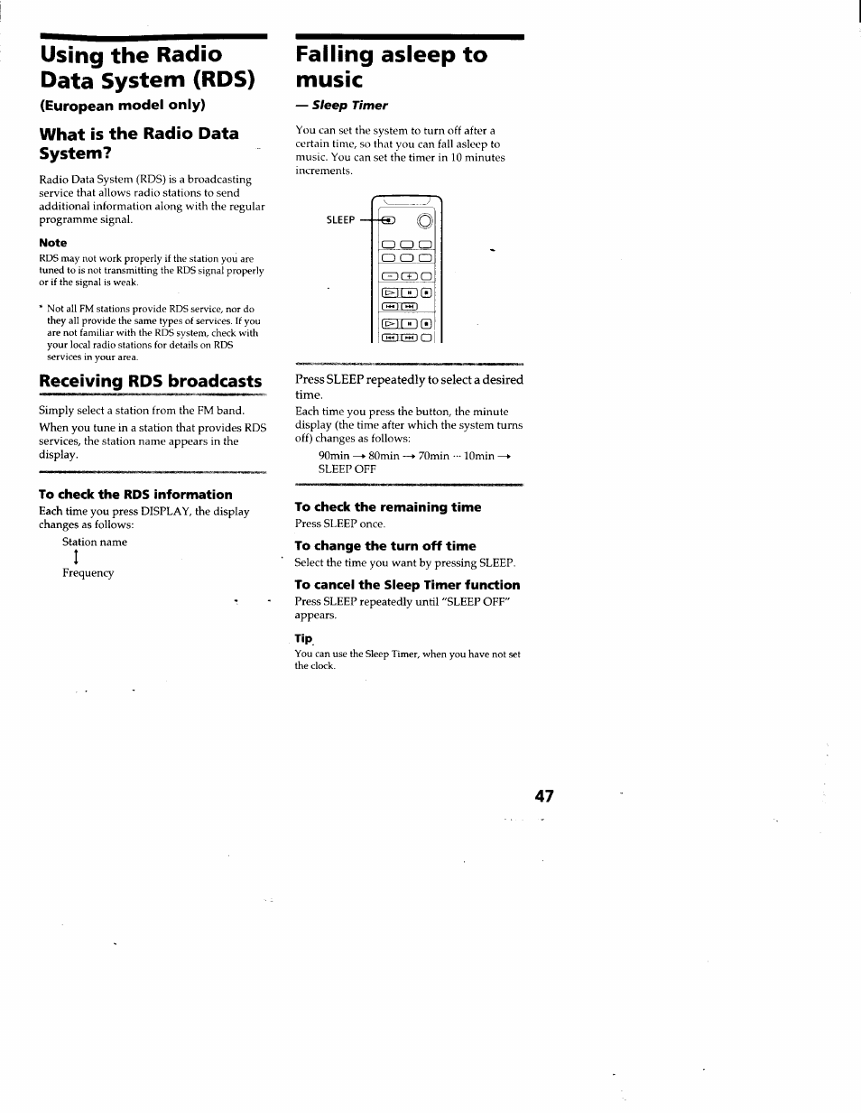Using the radio data system (rds), What is the radio data system, Receiving rds broadcasts | To check the rds information, Falling asleep to music, To check the remaining time, To change the turn off time, To cancei the sieep timer function | Sony DHC-MD313 User Manual | Page 47 / 58