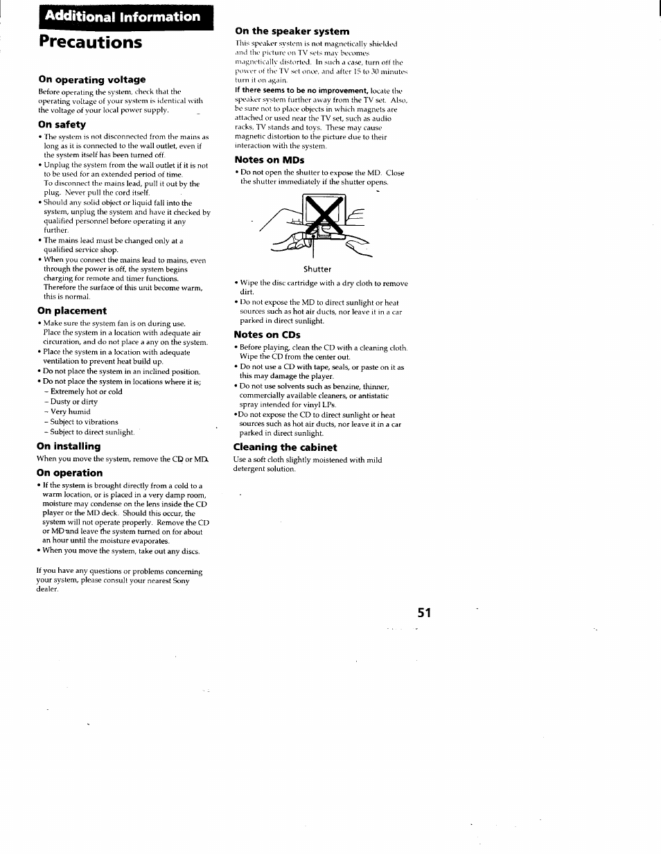 Additional information, Precautions, On operating voltage | On safety, On placement, On installing, On operation, On the speaker system, Notes on mds, Notes on cds | Sony DHC-MD313 User Manual | Page 51 / 58