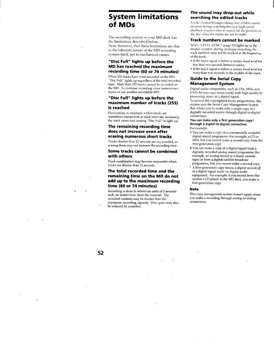 System limitations of mds | Sony DHC-MD313 User Manual | Page 52 / 58