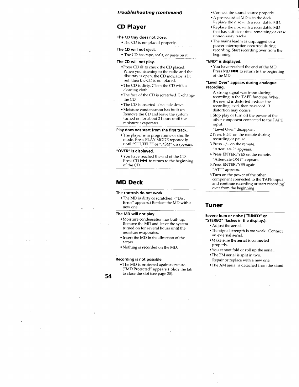 Cd player, The cd tray does not close, Md deck | The controls do not work, Recording is not possible, Tuner | Sony DHC-MD313 User Manual | Page 54 / 58