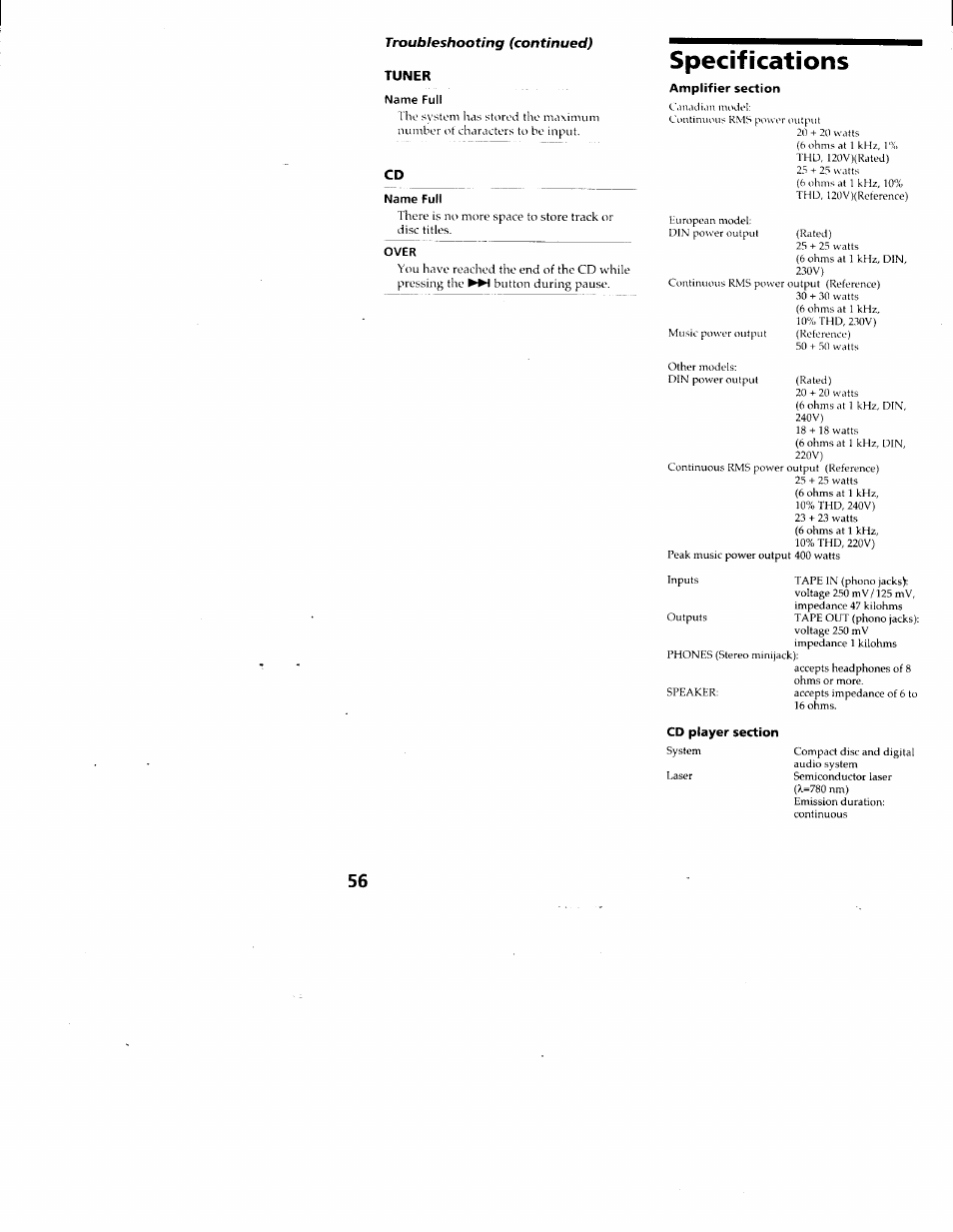 Tuner, Name full, Over | Specifications | Sony DHC-MD313 User Manual | Page 56 / 58