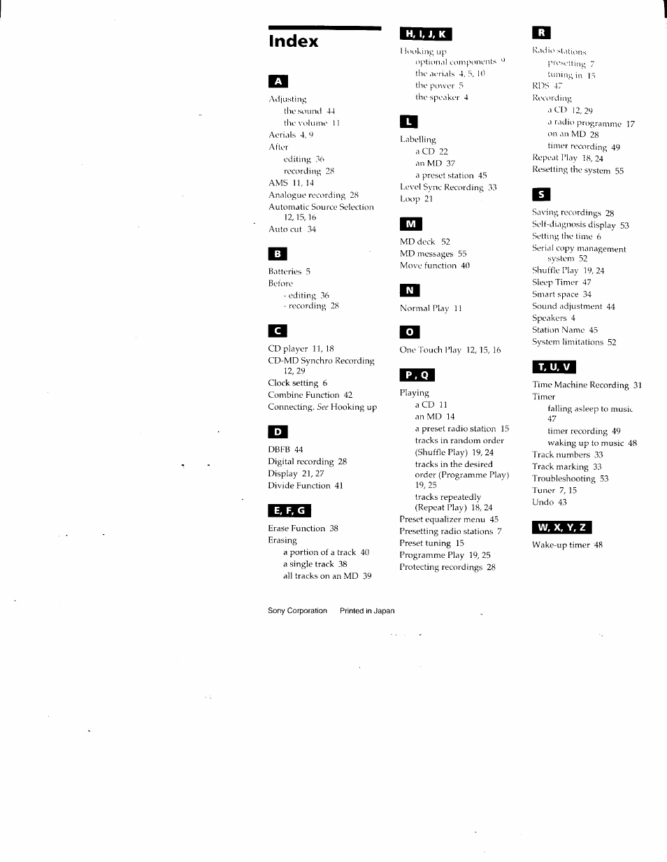 Index, H. i. j. k, T, u. v | W, x, y. z | Sony DHC-MD313 User Manual | Page 58 / 58