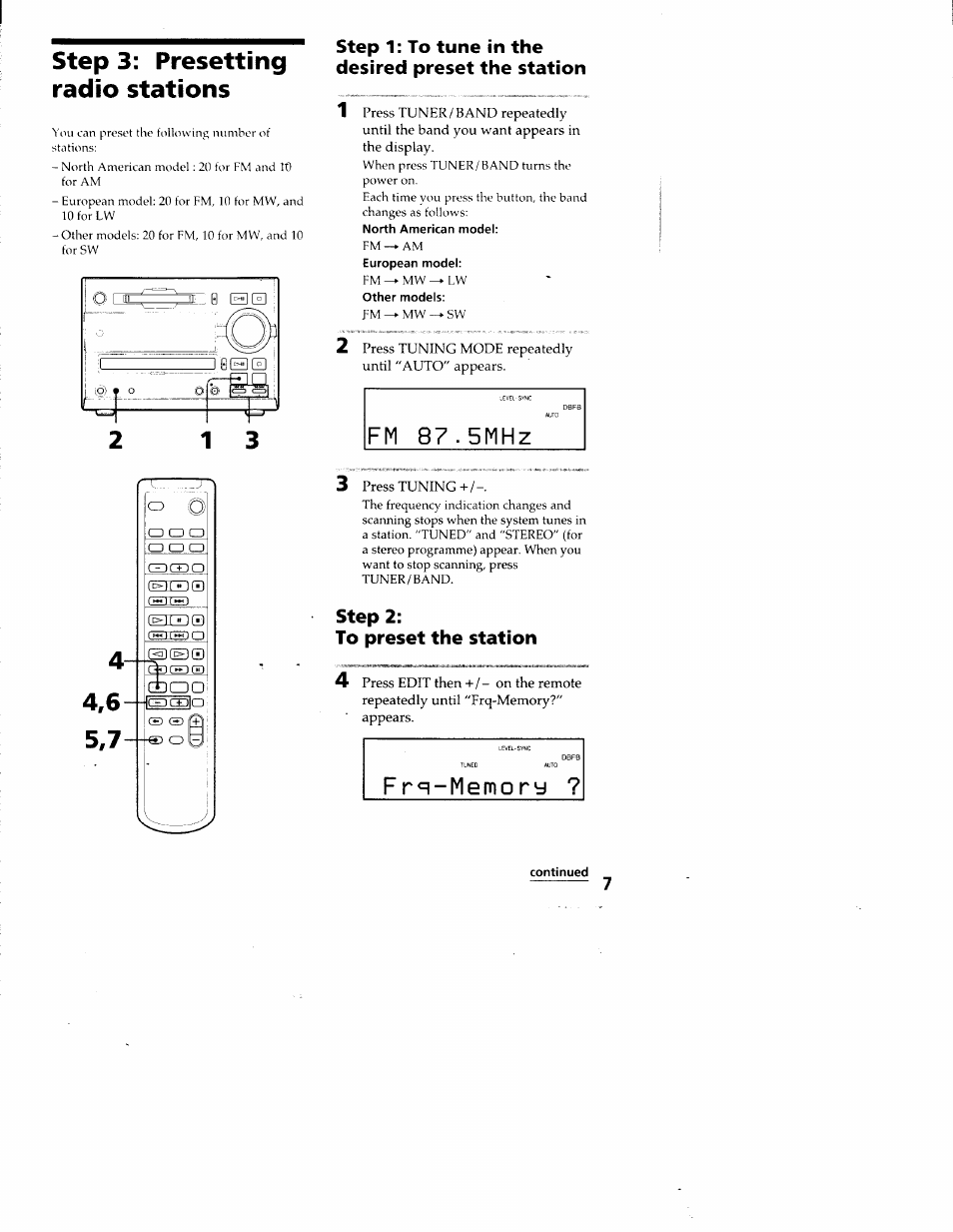 Step 3: presetting radio stations, Step 1: to tune in the desired preset the station, Step 2 | To preset the station, F m 8 7 . 5 m h z, Step 2: to preset the station | Sony DHC-MD313 User Manual | Page 7 / 58