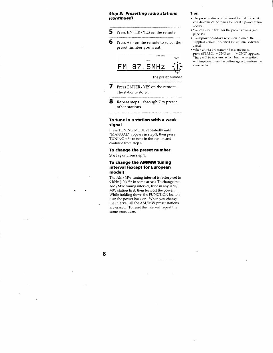 To tune in a station with a weak signal, To change the preset number, Tips | F m 8 7 . 5 m h z | Sony DHC-MD313 User Manual | Page 8 / 58