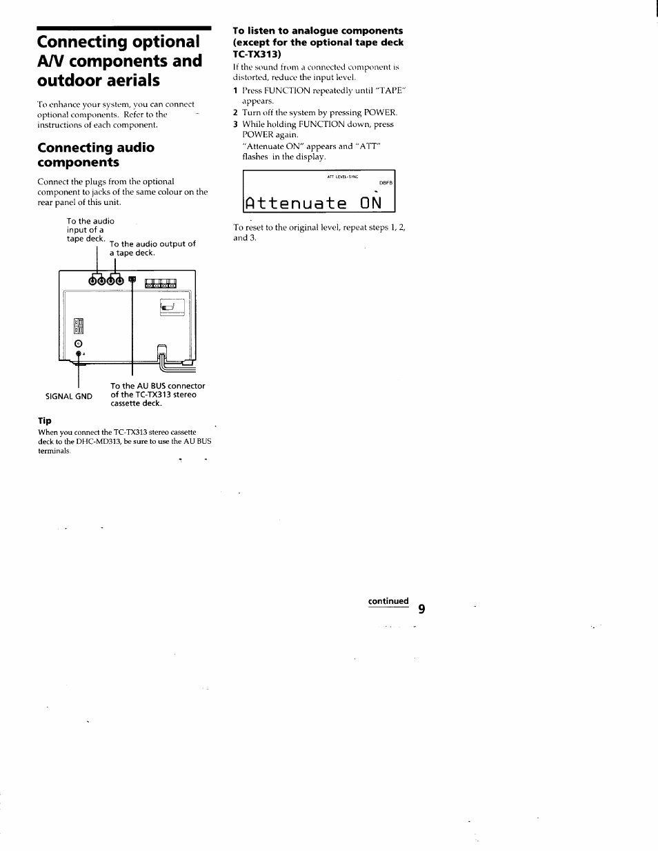 Connecting audio components, Cormecting optional a/v components, And outdoor aerials | Sony DHC-MD313 User Manual | Page 9 / 58