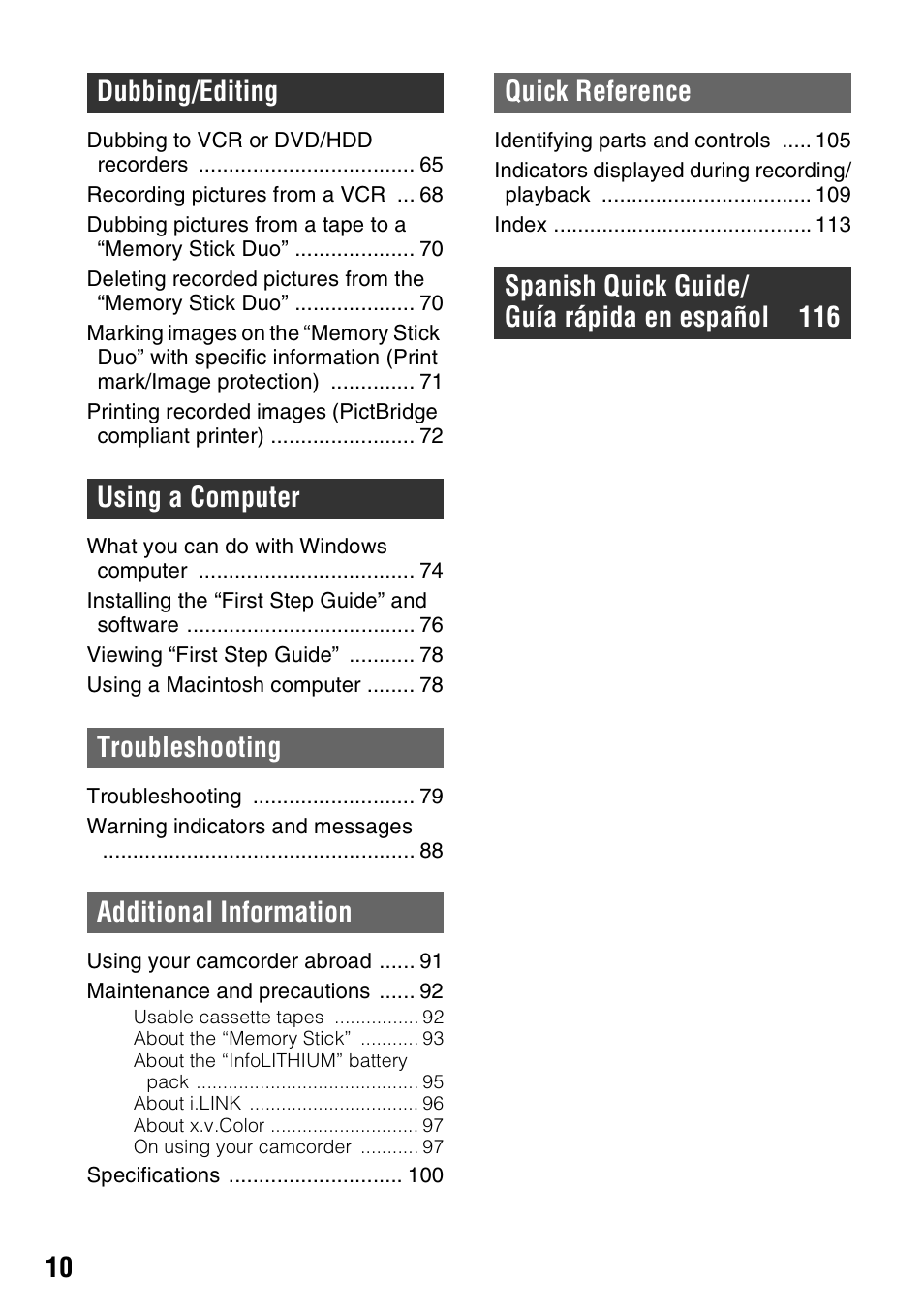 Sony HDR-HC7 User Manual | Page 10 / 131