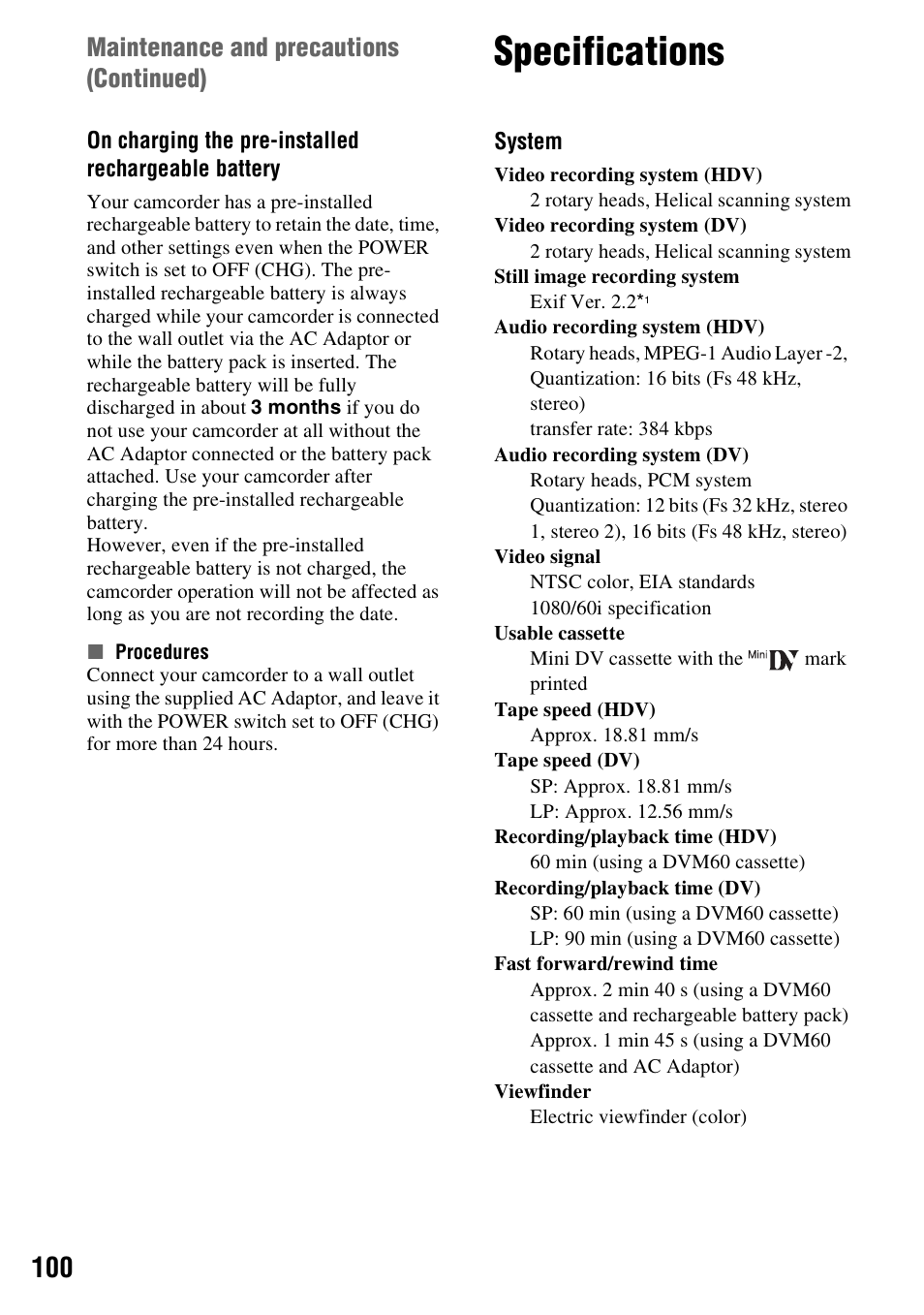 Specifications, P. 100), Maintenance and precautions (continued) | Sony HDR-HC7 User Manual | Page 100 / 131