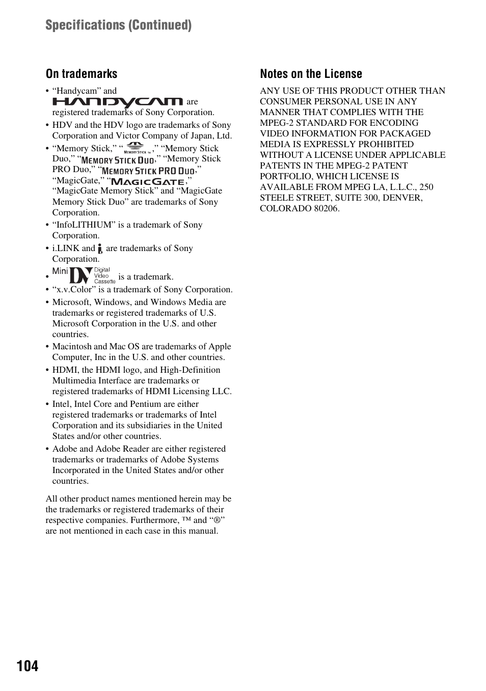 Specifications (continued), On trademarks | Sony HDR-HC7 User Manual | Page 104 / 131