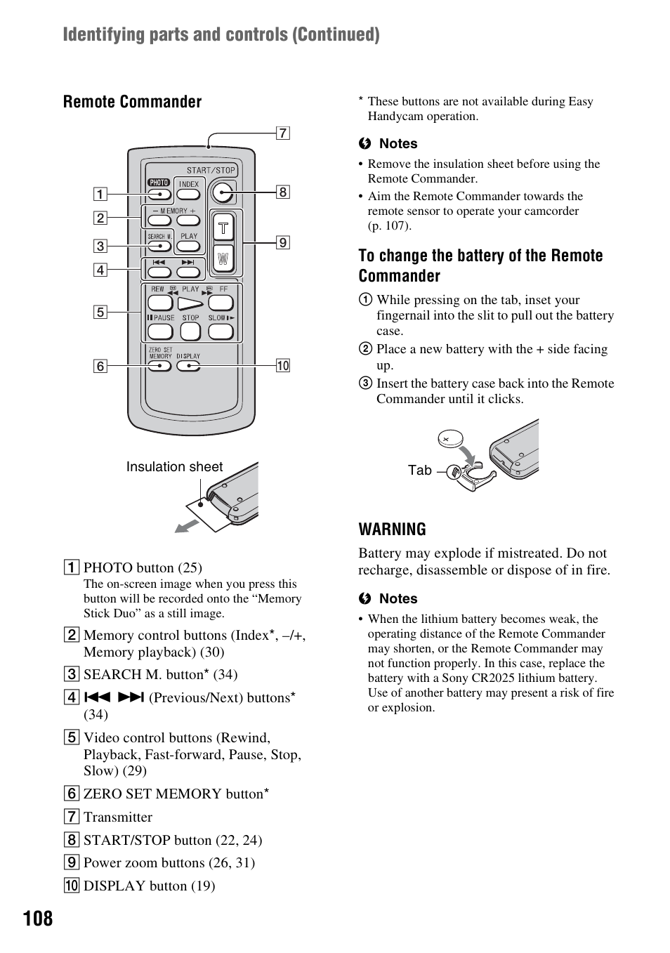 P. 108), P. 108, Identifying parts and controls (continued) | Remote commander, Warning | Sony HDR-HC7 User Manual | Page 108 / 131