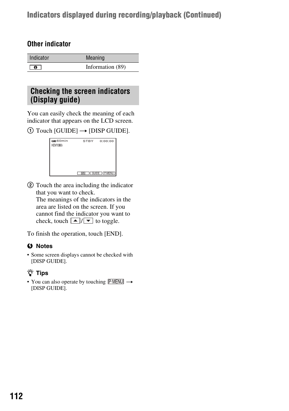 Checking the screen indicators (display guide), Other indicator | Sony HDR-HC7 User Manual | Page 112 / 131