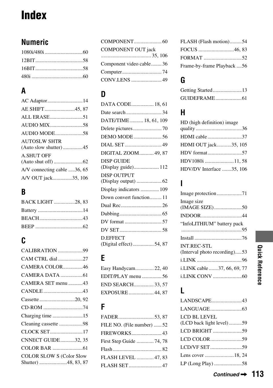 Index, Numeric | Sony HDR-HC7 User Manual | Page 113 / 131