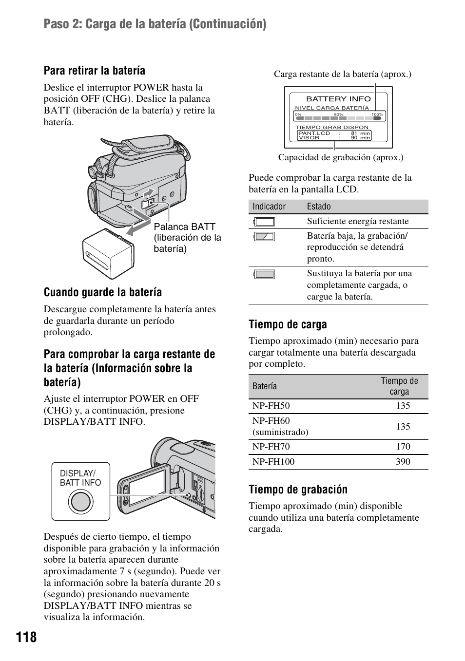 Paso 2: carga de la batería (continuación), Para retirar la batería, Cuando guarde la batería | Tiempo de carga, Tiempo de grabación | Sony HDR-HC7 User Manual | Page 118 / 131