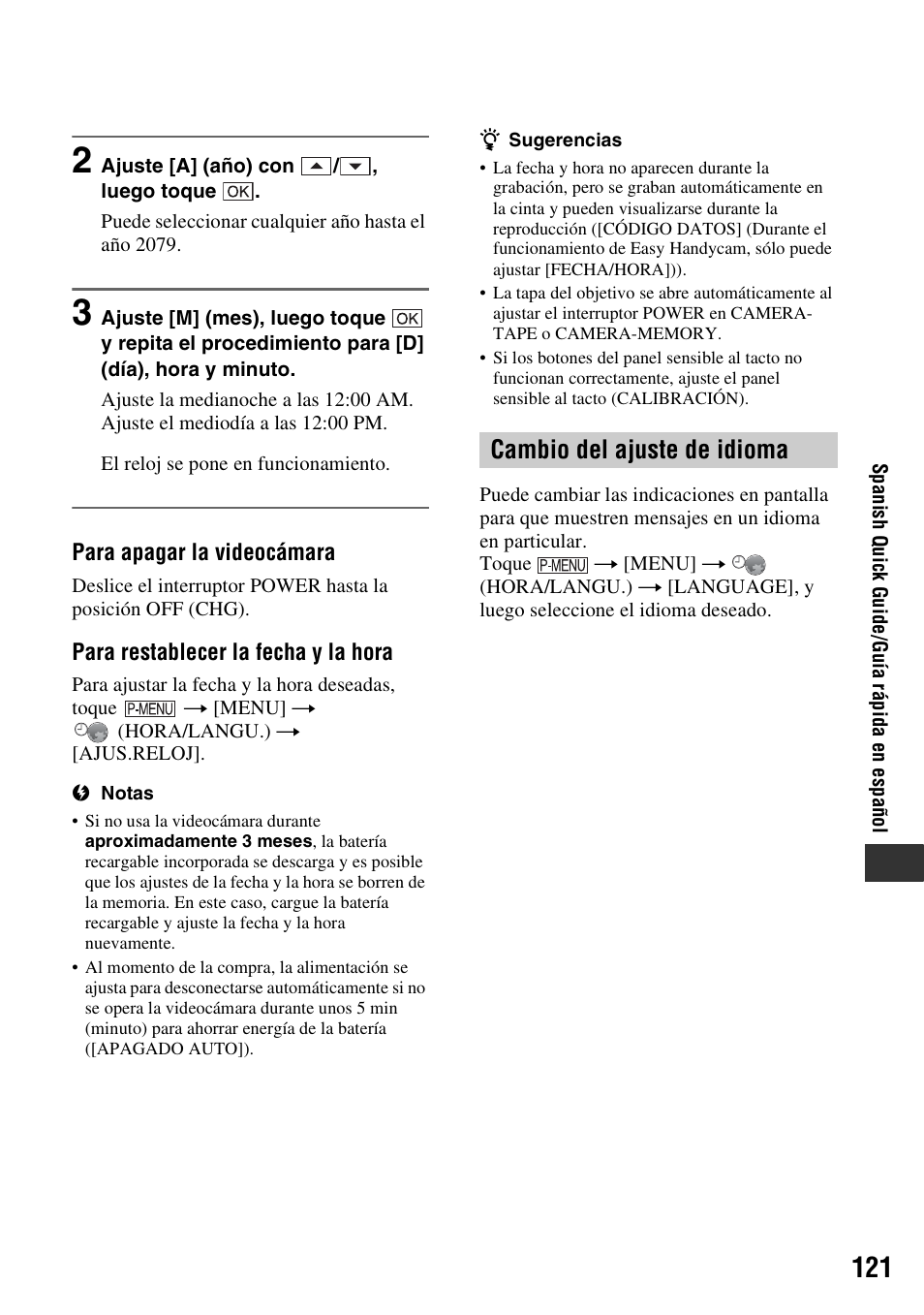 Cambio del ajuste de idioma | Sony HDR-HC7 User Manual | Page 121 / 131