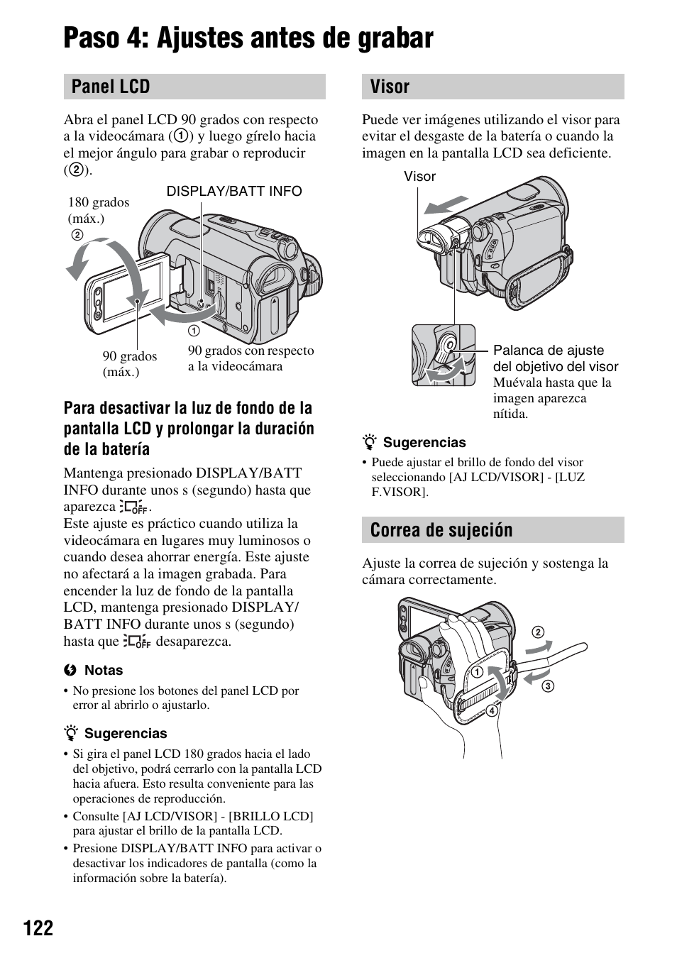Paso 4: ajustes antes de grabar, Panel lcd, Visor correa de sujeción | Sony HDR-HC7 User Manual | Page 122 / 131