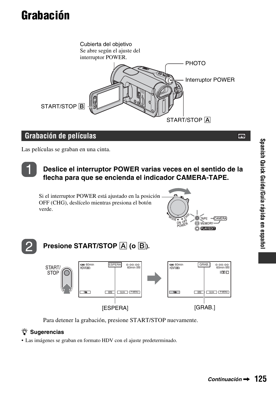 Grabación, Grabación de películas | Sony HDR-HC7 User Manual | Page 125 / 131