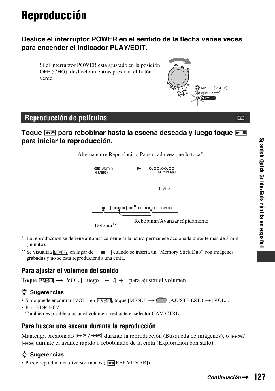 Reproducción, Reproducción de películas | Sony HDR-HC7 User Manual | Page 127 / 131